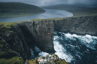 The trælanípa cliffs on the faroes that separate the sørvágsvatn lake and the atlantic ocean 