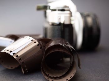 Close-up of camera on table