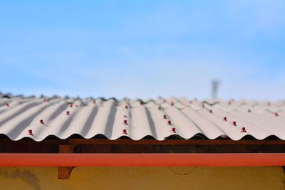 Low angle view of building roof against clear sky