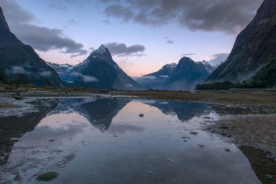 Scenic view of lake by mountains against sky