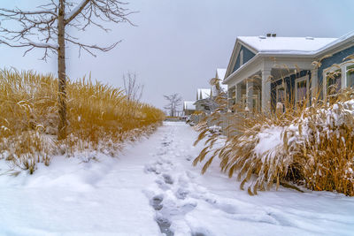 Snow covered field by building against sky