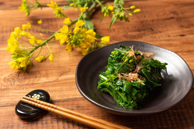 High angle view of vegetables in bowl on table