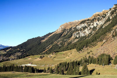 Scenic view of mountains against clear blue sky