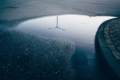 High angle view of street light reflection in puddle