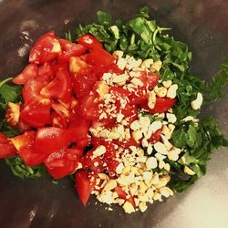 High angle view of chopped fruits in plate