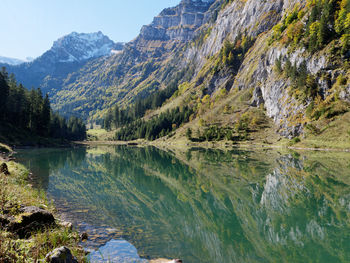 Scenic view of lake and mountains against sky