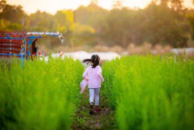 Rear view of girl standing on grass