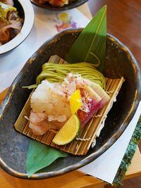 High angle view of food in plate on table