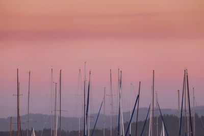 Sailboats moored at harbor against sky during sunset