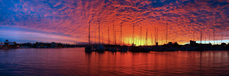 Panoramic view of marina at sunset