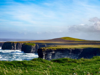 Scenic view of sea and green landscape against sky