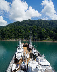 High angle view of boats moored on river against sky