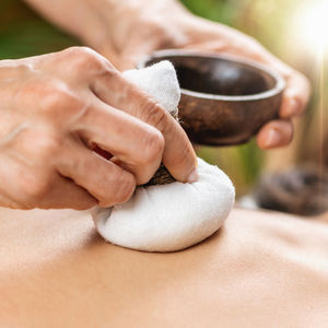 Bolus bag ayurveda massage with medicinal herbs and natural aromatic oils, ayurvedic wellness center