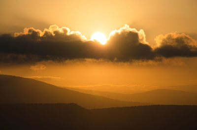 Scenic view of mountains against sky during sunset