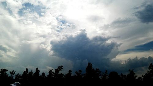 Low angle view of trees against cloudy sky