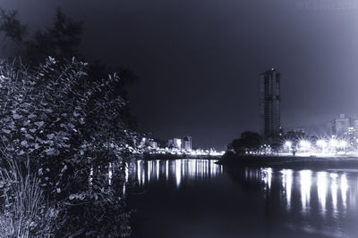 Reflection of illuminated buildings in water at night