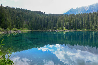 Scenic view of lake by mountains against sky