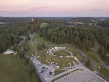 High angle view of landscape against sky during sunset