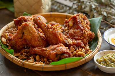 High angle view of food in plate on table