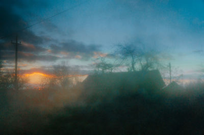 Trees on landscape against sky during sunset