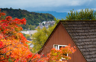 Houses and trees against sky during autumn