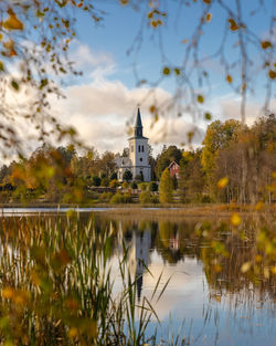 Reflection of trees and buildings in lake