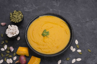 High angle view of soup in bowl