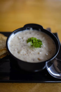 High angle view of soup in bowl on table