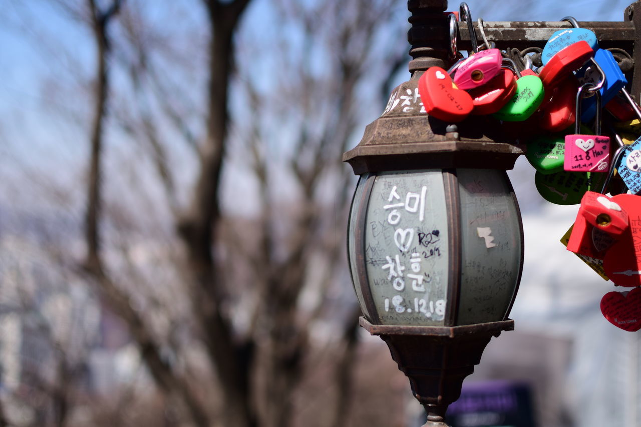 CLOSE-UP OF LANTERN HANGING ON TREE AGAINST WALL