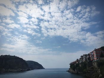 Scenic view of sea against sky in city