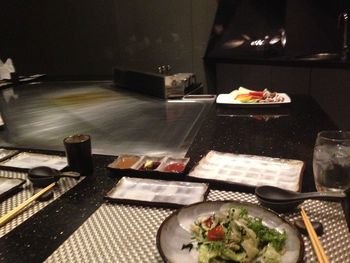 High angle view of food served in restaurant