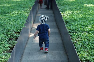 Rear view of boy walking on grass