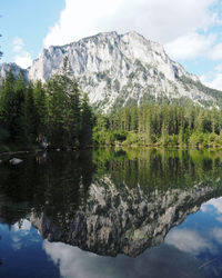 The view of lake and mountains against sky