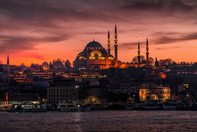 Buildings in city at sunset