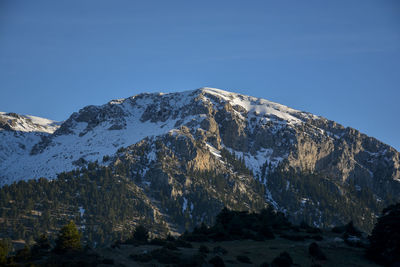 Scenic view of snowcapped mountains against clear blue sky