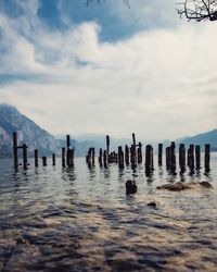 Wooden posts in sea against sky
