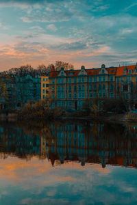 Reflection of building in lake against sky during sunset