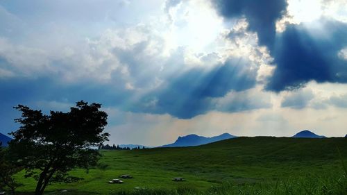 Scenic view of grassy field against cloudy sky