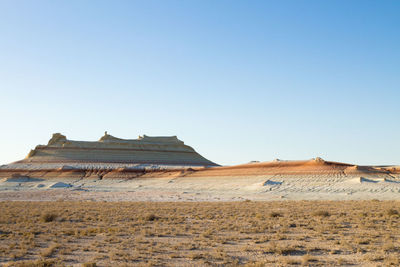 Scenic view of desert against clear blue sky