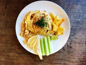 High angle view of breakfast served on table