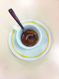 Close-up overhead view of coffee cup