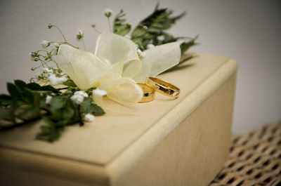 Close up of wedding rings on box