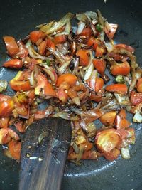 High angle view of chopped vegetables on cutting board