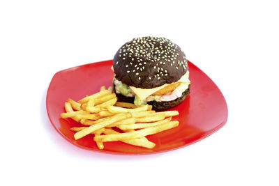 Close-up of burger on plate against white background