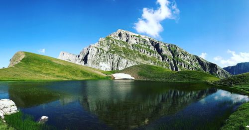 Scenic view of lake by mountain against sky