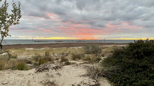 Scenic view of beach against sky during sunset