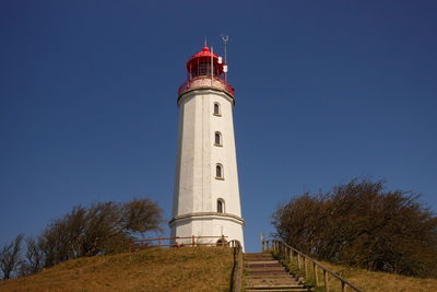 Low angle view of lighthouse against clear sky