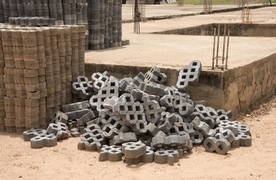 High angle view of stack of firewood