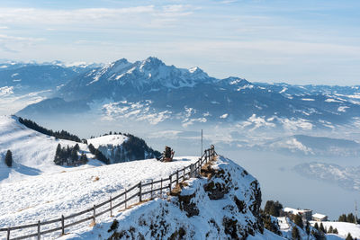 Scenic view of snow covered mountains against sky