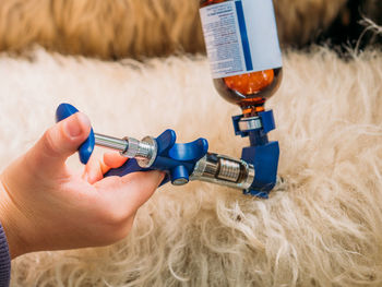 From above of crop unrecognizable male veterinarian making injection to fluff sheep standing in enclosure in farmyard